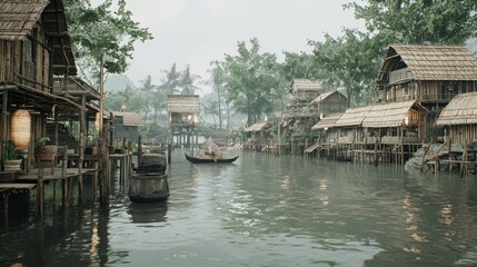 Obraz premium Misty River Village, Boats, Stilt Houses, Southeast Asia, Game Background