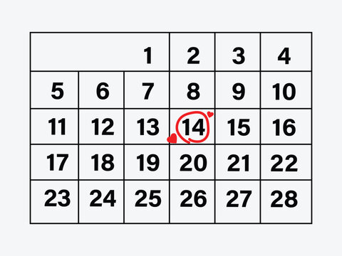 14th February Mark Calendar. The Calendar with the Marked date of February 14 Valentine's day. Calendar Page The Month Of February. Happy Valentine Day.