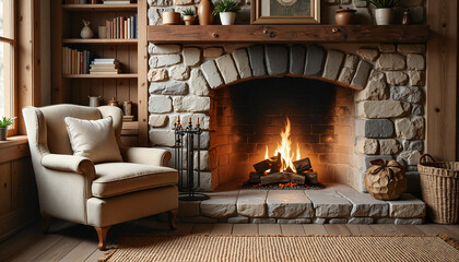 Cozy reading nook by rustic fireplace, warmth and comfort, Reading by Fireplace