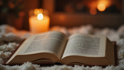Open book beside flickering candlelight on cozy blanket, peaceful atmosphere, Reading by Fireplace