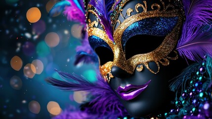 a black and purple mask with feathers