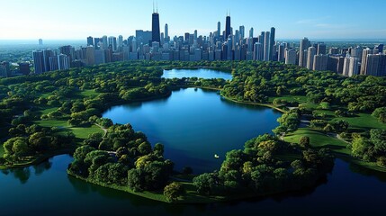 Fototapeta premium Chicago Skyline, Park Aerial, Lake, Cityscape, Green, Travel, Tourism, Sunrise