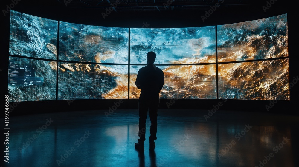 Wall mural Silhouette of a Person Observing a Large Immersive Screen Displaying Dynamic Data Visualization