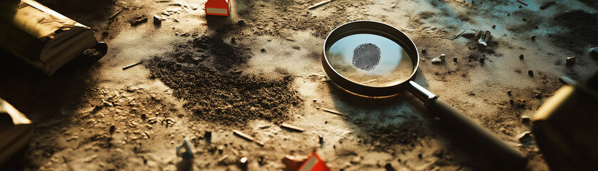Detailaufnahme einer Lupe auf einer Fl&auml;che mit Spuren und Umgebung

