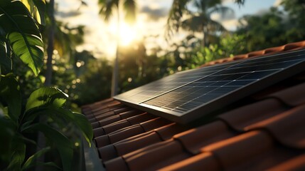 Solar Panel on a Tropical Roof at Sunset