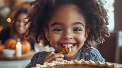 A young girl with a big smile enjoys a piece of delicious pumpkin pie.  Warm lighting and a Thanksgiving-themed background create a festive mood. Family is in the blurry background.