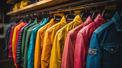 Fototapeta premium Colorful jackets retail display, store background.