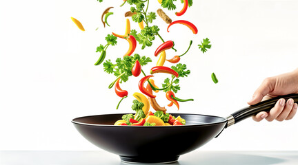 Cooking Vegetables in Wok Pan with Falling Ingredients, Stir-Frying Process. Healthy Meal Preparation, Vegetarian Food, Asian Cuisine Concept.