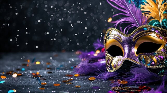 a purple and gold mardi gras mask with feathers