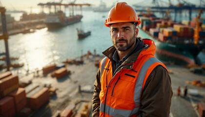 Confident seaport worker in a busy harbor, ideal for industrial and safety promotions.