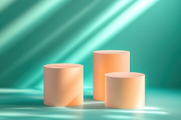 Three Peach Cylinders on Teal Background