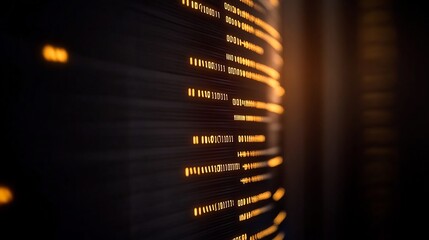 Fototapeta premium Warm golden light illuminates rows of glowing server data. AI Generated