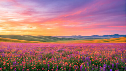 Fototapeta premium Breathtaking sunset over a meadow of wildflowers scenic landscape nature viewpoint tranquil environment