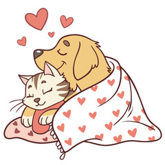a cat and dog cuddling under a blanket with a hear