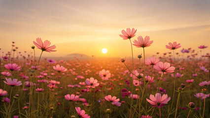 Fototapeta premium Sunset over pink flower meadow eye-level view of a vibrant field nature scene