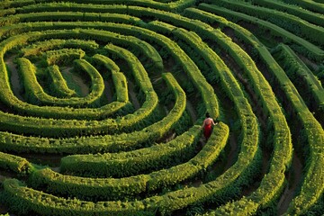 Abstract maze with human figure showing complexities of life decisions.