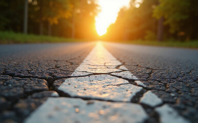 Obraz premium close-up of an empty asphalt road with cracks at sunset