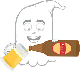 vector illustration character ghost cartoon, with a bottle of beer pouring into a glass