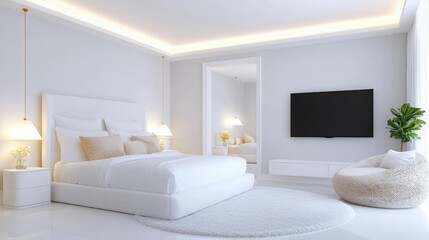 Luxurious white bedroom interior design, modern minimalist style, featuring a large bed, TV, and armchair. Ideal for home decor websites