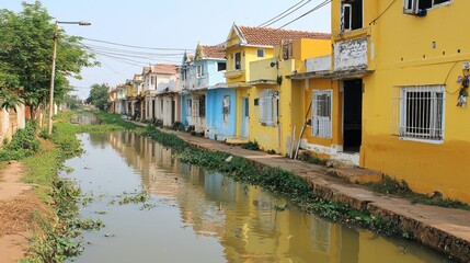 Obraz premium Colorful canal-side houses, village, Asia, reflection, decay