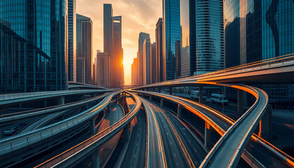 Obraz premium A network of flyovers crisscrossing the city with towering glass skyscrapers