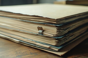 extreamly close up the stacking of office working document with paper clip folder, Generative AI