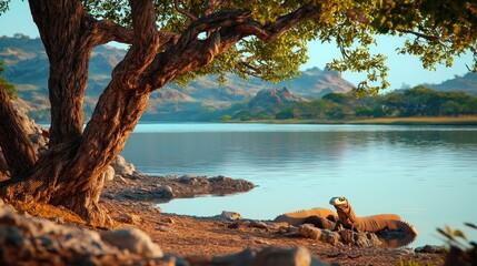 Fototapeta premium Komodo dragon resting, lake shore, island sunrise, peaceful