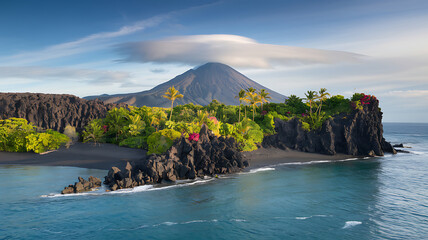 Volcanic Island with Black Sand Beaches, Rugged Cliffs, Lush Tropical Vegetation, and a Dormant Volcano Surrounded by Turquoise Waters