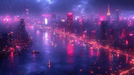 Obraz premium Vibrant city skyline at night with neon lights reflecting on the river during a rainstorm