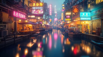 Night cityscape, canal, neon lights, reflection, Asian city, bustling street, boats, travel, background skyscrapers, tourism