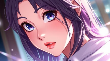Close-up illustration of an anime girl featuring vibrant purple hair, glowing blue eyes, and soft lighting with a dreamy atmosphere.  
