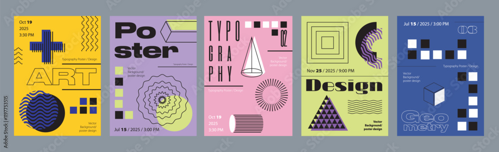 Poster Abstract cover typography template. Posters layouts with vibrant geometric compositions of dynamic striped circle, pyramid, cylinder, triangle. Modern banners set in retro design. Vector illustration.