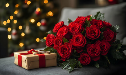 Obraz premium Festive Red Roses, Gift, Christmas