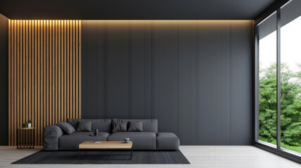 Modern minimalist living room with dark gray walls, stylish couch, wooden accents, and large windows overlooking lush greenery, perfect for contemporary design themes.