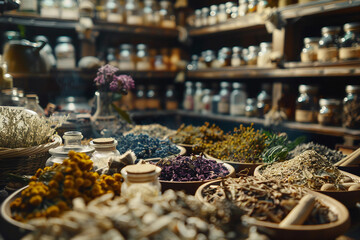 Fototapeta premium Close-up shots of dried herbs and botanical extracts generative AI