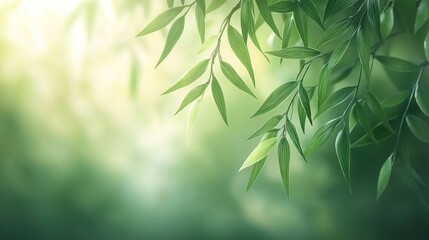 Fototapeta premium Delicate willow branches in fresh green, soft morning light, serene and minimalist Qingming Festival scene.