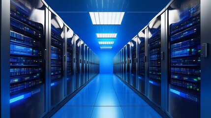 Fototapeta premium Cool blue light illuminates rows of powerful server racks in a modern data center. AI Generated