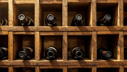  Close-up of wine bottles in a wooden retro-style rack, creating a sophisticated, vintage scene.