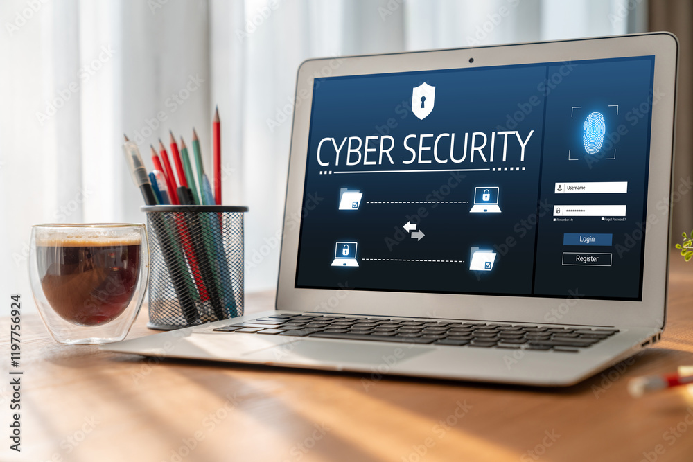 Poster cyber security system on computer screen protect private information snugly from hacker and cyber at