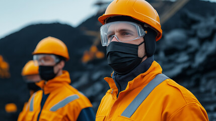 Workers in protective gear inspecting coal stockpiles, emphasizing safety and teamwork