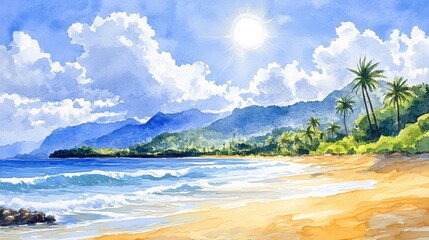 Beautiful coastal landscape with palm trees and bright blue skies during midday