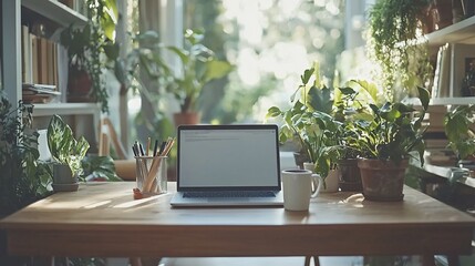 Fototapeta premium Sunlit home office desk with laptop, plants, and coffee.