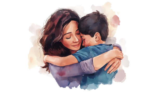Emotional embrace between mother and son, showcasing love, warmth, and connection in a watercolor illustration, isolated on transparent background, png