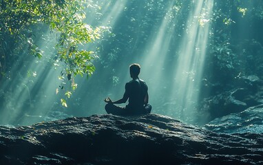 Obraz premium Man meditating in lotus pose on rock, sun rays through jungle foliage.