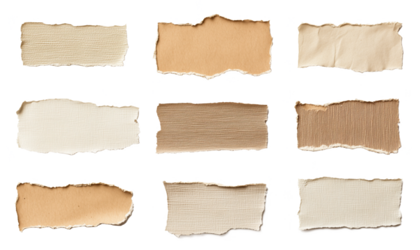 Torn paper strips in various neutral tones showcasing texture and color variations, arranged in a grid pattern, isolated on transparent background, png