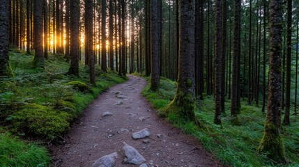 Obraz premium Sunset forest path hike nature trail