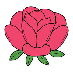Hand drawn cartoon pink rose flower on white background.