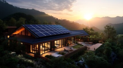 Modern Solar Powered House on Mountainside at Sunset