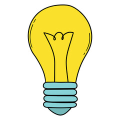 Hand drawn cartoon yellow light bulb on white background.