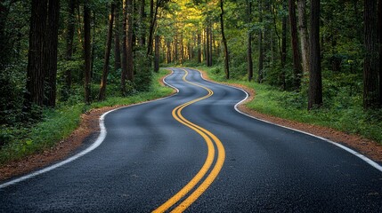 Fototapeta premium Winding road through lush green forest.